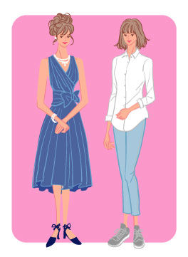 パーソナルスタイル：カジュアルタイプタイプの膝丈ドレスと白シャツデニムコーデの女性のイラスト