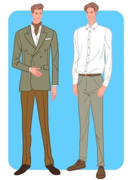 パーソナルスタイル：クラシックタイプのダブルスーツとボタンダウン白シャツコーデの男性のイラスト