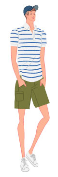 カジュアルタイプ:ボーダーポロシャツとカーゴパンツの夏コーデの男性のイラスト