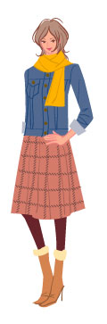 カジュアルタイプ:Gジャンとチェックスカートの秋コーデの女性のイラスト
