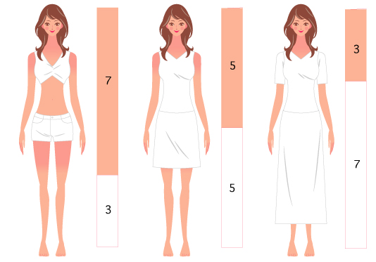 肌と衣服の面積比率を比較する女性のイラスト