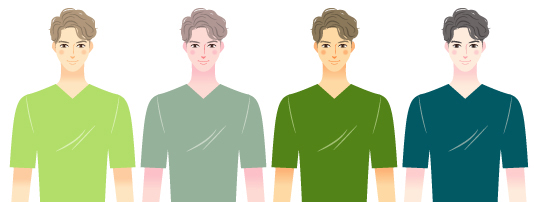 四種類の緑のTシャツ姿の四人の男性たちのバストアップのイラスト