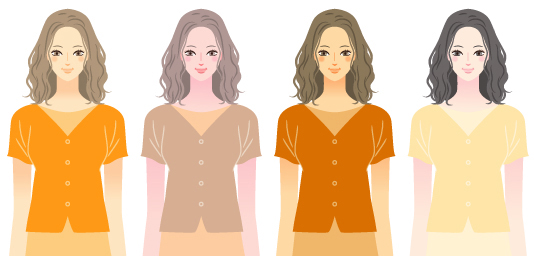 四種類のオレンジの服を着た四人の女性たちのイラスト