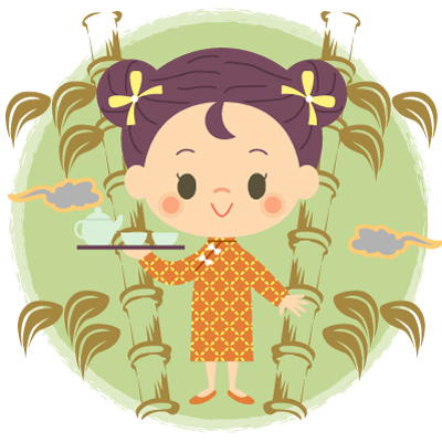 チャイナドレス姿でお茶を運ぶ中国の女の子と竹のイラスト