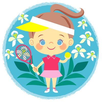 テニスウェア姿でラケットを持った女の子とレモンの花のイラスト