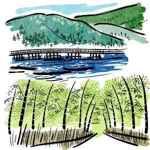 京都嵯峨嵐山・渡月橋と竹林イラスト