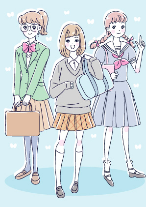 ブレザーやセーラー服など制服姿の女の子の中学生のかわいいイラスト