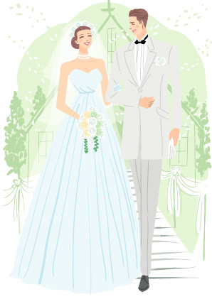 森のチャペルで結婚式を挙げるウェディングドレスとタキシードの新郎新婦のおしゃれイラスト