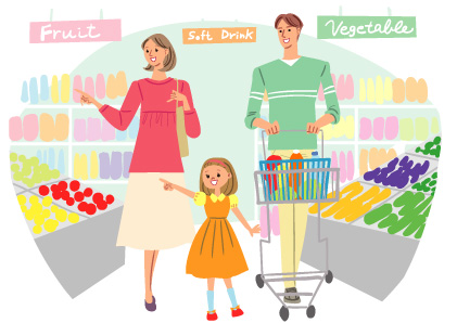 スーパーマーケットで食品を買い物する親子のおしゃれなイラスト