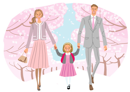 桜並木の下を入学式会場へ向かう親子のおしゃれなイラスト