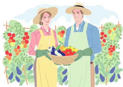 自宅の庭の畑でトマトや茄子など夏野菜を収穫する夫婦のおしゃれイラスト