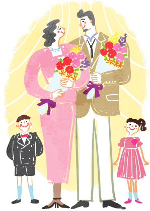 孫から銀婚式のお祝いの花束を受け取るおじいさんおばあさんのかわいいイラスト