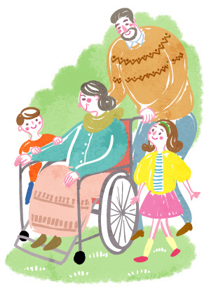 車椅子のおばあちゃんをお見舞いにきた孫と介護するおじいちゃんのかわいいイラスト