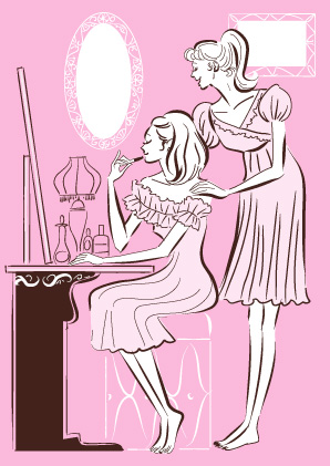 鏡の前でメイクレッスンするネグリジェ女子のおしゃれな線画イラスト