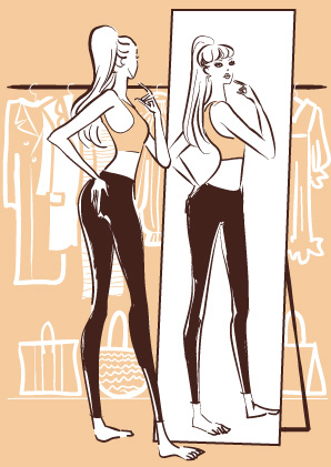鏡の前で体型をセルフチェックする女子のおしゃれな線画イラスト