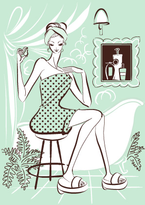 バスルームでアトマイザーのアロマウォーターをつける女性のおしゃれな線画イラスト