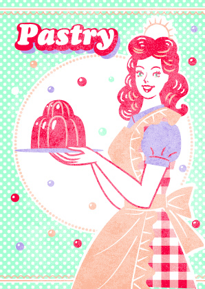 プディングを運ぶお菓子屋の女性店員のイラスト