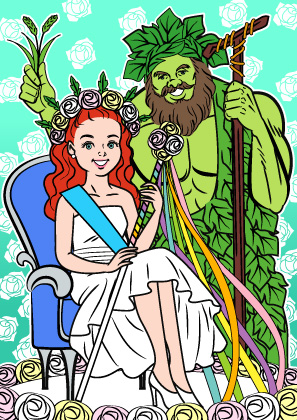 五月女王コスの少女と髭面のグリーンマン姿の大男のアメコミイラスト