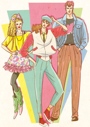 レトロな80'sスタイルの外国人女性と男性のポップなファッションイラスト