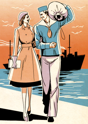 帰ってきた水兵と出迎えの恋人のカップルのレトロなアメコミイラスト