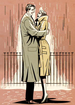雨の中抱き合うオードリーヘプバーン風女性とダンディな男性のカップルのレトロなアメコミイラスト