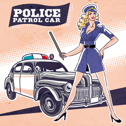 アメリカのパトカーと警官コスのセクシー金髪美女の線画カートゥーンイラスト