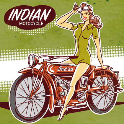昔のインディアンバイクとセクシーなライダースーツ姿の金髪美女の線画カートゥーンイラスト
