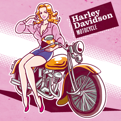 ハーレーバイクとミニスカートのセクシー金髪美女の線画カートゥーンイラスト