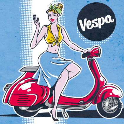 ベスパバイクに乗った50sファッションのセクシー金髪美女の線画カートゥーンイラスト