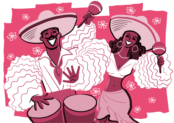 楽器を演奏して踊るトロピカルな南国人のイラスト