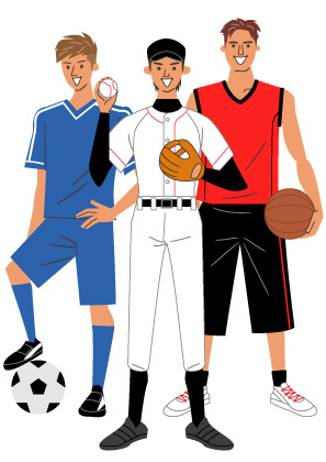 サッカーや野球やバスケットボールのユニフォームを着た若者達のイラスト