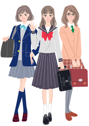 ブレザーやセーラー服などの学生服姿の高校生の女の子のイラスト