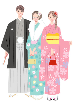 振り袖や袴などの晴れ着を着た成人式の男女のイラスト