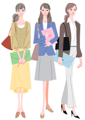 パンツスーツ姿やジャケットを着て働く社会人女性達のイラスト