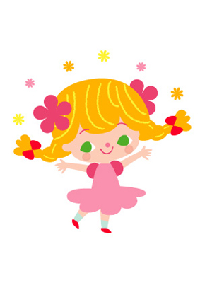 花をまき散らす金髪で三つ編みの少女のイラスト