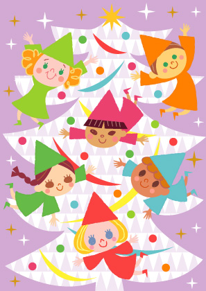 クリスマスツリーの下でとんがり帽子をかぶり遊ぶ多国籍な子供達のイラスト