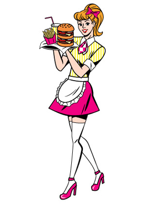 ハンバーガーセットを運ぶウェイトレスの女性のアメコミ風イラスト