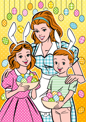 復活祭にイースターエッグを手に微笑む親子のアメコミ風イラスト