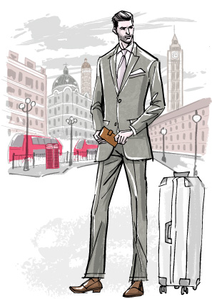 ロンドンの街角に立つスーツ姿の外国人男性のイラスト