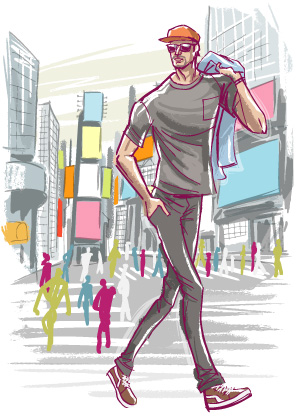 ブロードウェイを歩く黒人男性のイラスト