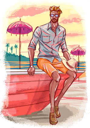夕暮れのクタのビーチにたたずむ金髪の男性のイラスト