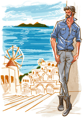 サントリーニ島の高台から地中海を見下ろす黒髪の男性のイラスト