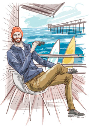 ニューポートビーチの海沿いで波待ちするサーファーの男性のイラスト