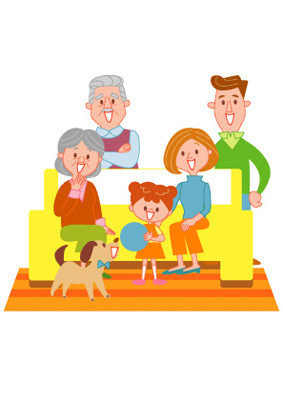 ソファーに座る家族とペットの犬のイラスト