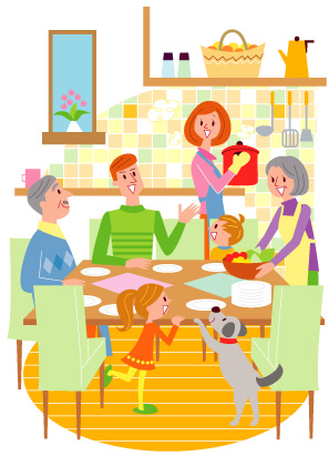 キッチンで食事をする三世代家族とペットの犬のイラスト