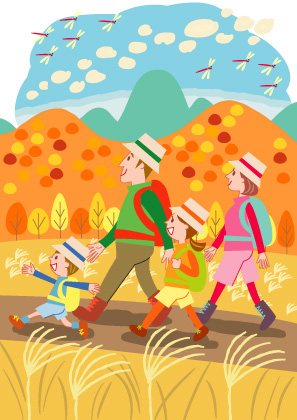 紅葉の頃すすき野原の山道を歩く四人家族のイラスト