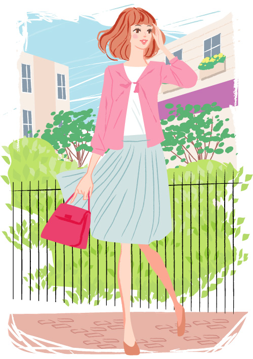 街を歩くピンクのカーディガンを着たボブカットの女の子のイラスト