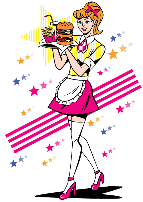ハンバーガーを運ぶ50's風ウェイトレスのアメコミイラスト
