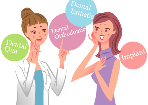 歯の美容について歯科医師からデンタルケアの指導を受ける女性のイラスト