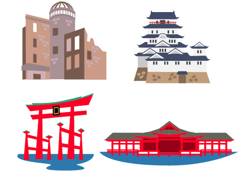 福岡県、広島県、青森県などの路線図と観光名所のアイコンのイラスト